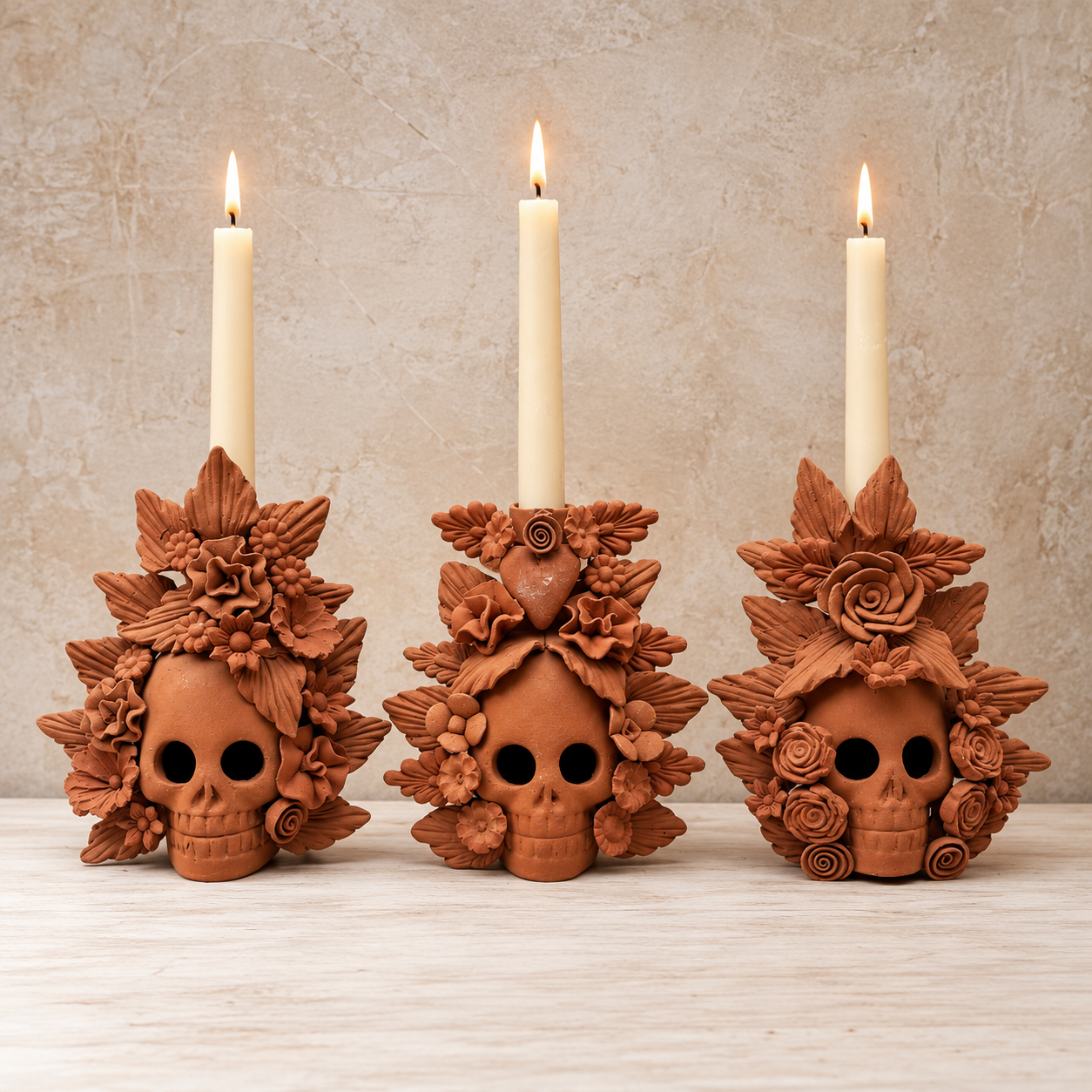 Tríptico de calaveras florales encendidas